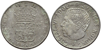 Швеция 1 крона 1972 Густав VI Адольф (1950-1973) KM 826a медь плакированная медно-никелем 4395-112