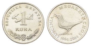 Хорватия 1 куна 2014 20 лет национальной валюте KM 104 медь цинк никель UNC 4659-654