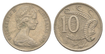 Австралия 10 центов 1971 Елизавета II (1952-2022), птица лирахвост KM 65 медно-никель 4364-114