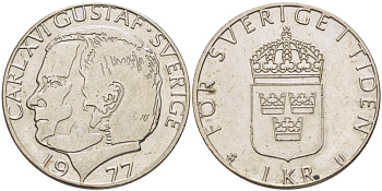 Швеция 1 крона 1977 U, Карл XVI Густав (1973- ) КМ 852 медь плакированная медно-никелем 83-115