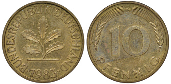 ФРГ 10 пфеннигов 1983 G KM 108, J. 383 сталь плакированная латунью 62-1052