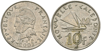 Французская Новая Каледония 10 франков 2007 рыбачья парусная лодка, (IEOM) KM 11a, Schoen 13a, Lec 99k медно-никель 57-137