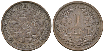 Нидерланды 1 цент 1916 Вильгельмина (1890-1948) KM 152 бронза 4152-249