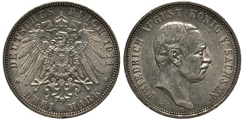 Саксония 3 марки 1911 E, Фридрих Август III (1904-1918) Weege 132, J. 135, KM 1267 серебро 3711-1335