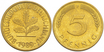 ФРГ 5 ПФЕННИГОВ 1989 F KM 107, J. 382 сталь плакированная латунью 3996-1214