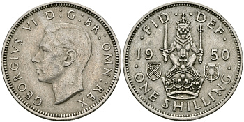 Великобритания 1 шиллинг 1950 Георг VI (1936-1952), Шотландский герб KM 877, Spink 4109 медно-никель 94-532
