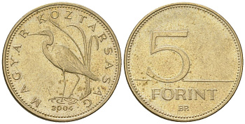 Венгрия 5 форинтов 2004 BP, большой белый аист KM 693 медно-никель 4548-1215