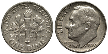 США 10 центов (дайм) 1978 Рузвельт KM 195а медь плакированная медно-никелем  186-957