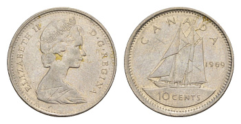 Канада 10 центов 1969 Елизавета II (1952-2022), парусник KM 77 никель 4630-818