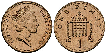 Великобритания 1 пенни 1990 Елизавета II (1952-2022) KM 935, Spink 4381 (B3) бронза 4176-622