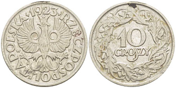 ПОЛЬША 10 ГРОШЕЙ 1923 KM 11 никель 3309-712