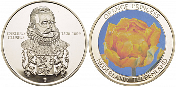 НИДЕРЛАНДЫ МЕДАЛЬ ND ГОЛЛАНДСКИЕ ТЮЛЬПАНЫ СОРТ ОРАНЖЕВАЯ ПРИНЦЕССА, ЦВЕТНАЯ ЭМАЛЬ медно-никель PROOF 05-140-35