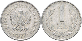 ПОЛЬША 1 ЗЛОТЫЙ 1977 MW KM 49.1 алюминий 4551-1044