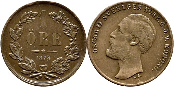 Швеция 1 эре 1873 L.A. Оскар II (1872-1907) король Швеции и Норвегии KM 728 бронза 1530-532