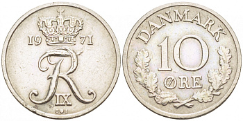 ДАНИЯ 10 ЭРЕ 1971 C; S, ФРЕДЕРИК IX (1947-1972) KM 849.1 медно-никель 3996-1054