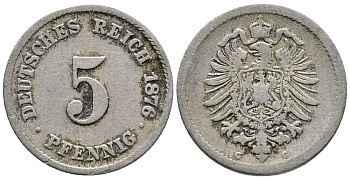 ГЕРМАНИЯ 5 ПФЕННИГОВ 1876 G, СТАРОГЕРБОВКА KM 3, J. 3 медно-никель 39-414