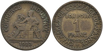 Франция 1 франк 1923 тип Chambres de Commerce KM 876, Le Franc 218.5 алюминиевая бронза 4116-1216