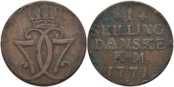 ДАНИЯ 1 СКИЛЛИНГ 1771 КМ, КРИСТИАН VII (1766-1808) KM 616 (С47) медь 97-1125