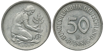 ФРГ 50 ПФЕННИГОВ 1980 J J 384a, KM 109.2 медно-никель aUNC 72-1115