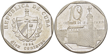 Куба 10 сентаво 1994 форт в Гаване Ла-Фуэрса KM 576.1 сталь плакированная никелем 66-661