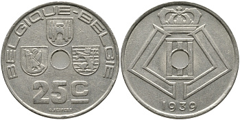 БЕЛЬГИЯ 25 САНТИМОВ 1939 BELGIQUE-BELGIE, ЛЕОПОЛЬД III (1934-1950) KM 114.1 никель латунь 94-933