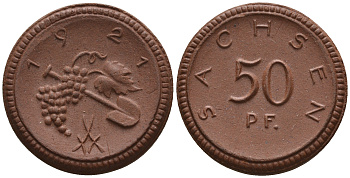 Саксония 50 пфеннигов 1921 виноград и лопата J. N 54 фарфор UNC 1094-8-43