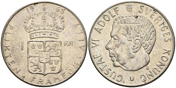 Швеция 1 крона 1965 U, Густав VI Адольф (1950-1973) KM 826 серебро 4150-152