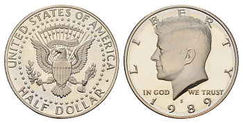 США 1/2 доллара (50 центов) 1989 S, Джон Кеннеди KM A202b медь плакированная медно-никелем PROOF 1522-834