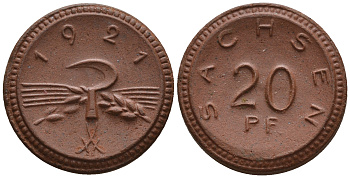 Саксония 20 пфеннигов 1921 колосья и серп J. N 53 фарфор UNC 1094-9-35