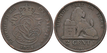 Бельгия 2 сантима 1874 Belges KM 35.1 медь 4595-216