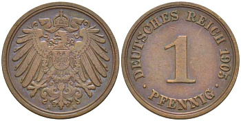 ГЕРМАНИЯ 1 ПФЕННИГ 1905 A KM 10, J. 10, Weege 2 медь 211-329