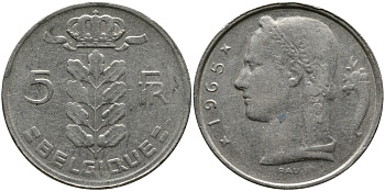 БЕЛЬГИЯ 5 ФРАНКОВ 1965 BELGIQUE KM 134.1 медно-никель 98-634