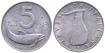 ИТАЛИЯ 5 ЛИР 1952 R, РУЛЬ, ДЕЛЬФИН KM 92 алюминий 56-844