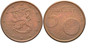 Финляндия 5 евроцентов 1999 M KM 100 сталь плакированная медью 4175-741