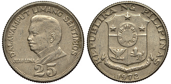 ФИЛИППИНЫ 25 СЕНТИМО 1972 РЕВОЛЮЦИОНЕР ХУАН ЛУНА KM 199 медь никель цинк 4182-213