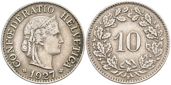 ШВЕЙЦАРИЯ 10 РАППЕНОВ 1927 В KM 27 медно-никель 3309-413