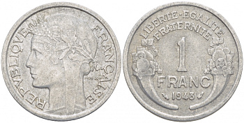 ФРАНЦИЯ 1 ФРАНК 1948 ТИП MORLON, LEGERE KM 885a.1, LE FRANC 221.13 алюминий 4402-1027