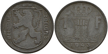 Бельгия 1 франк 1943 Belgique - Belgie, Леопольд III (1934-1947), германская оккупация, Вторая мировая война KM 127 цинк 4161-523