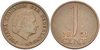 Нидерланды 1 цент 1961 Юлиана (1948-1980) КМ 180 бронза 218-859