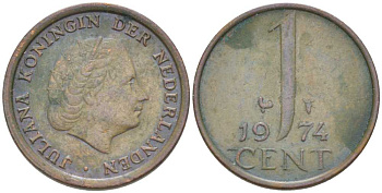 НИДЕРЛАНДЫ 1 ЦЕНТ 1974 ЮЛИАНА (1948-1980) KM 180 бронза 214-1048