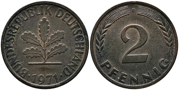 ФРГ 2 пфеннига 1971 F KM 106а, J.381а сталь плакированная медью 99-212