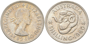 Австралия 1 шиллинг 1960 M, Елизавета II (1952-2022), овца меринос KM 59 серебро 4622-231