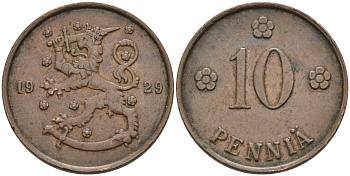 Финляндия 10 пенни 1929 республика (1918-1962) KM 24 медь 4563-615