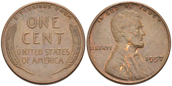 США 1 ЦЕНТ 1957 ЛИНКОЛЬН KM А132 медь цинк 3309-1163