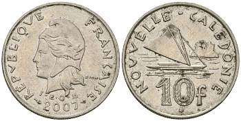 Французская Новая Каледония 10 франков 2007 рыбачья парусная лодка, (IEOM) KM 11a, Schoen 13a, Lec 99k медно-никель 56-1146