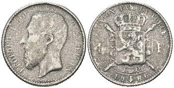 Бельгия КОПИЯ 1 франк 1886 белый металл 63-616