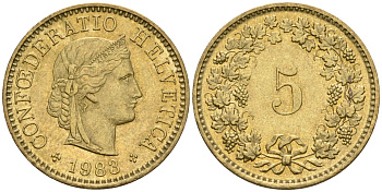 Швейцария 5 раппенов 1983 KM 26c алюминиевая бронза 4608-654