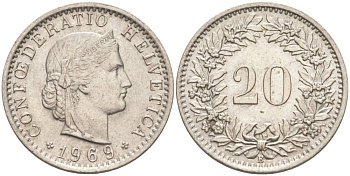 Швейцария 20 раппенов 1969 В KM 29а медно-никель 55-914