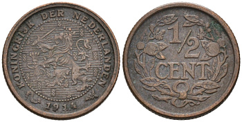Нидерланды 1/2 цента 1914 Вильгельмина (1890-1948) KM 138 бронза 4576-354