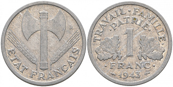 ФРАНЦИЯ 1 ФРАНК 1943 LB, ТИП LEGERE, ПРАВИТЕЛЬСТВО ВИШИ KM 902.1, LE FRANC 223.3 алюминий 186-317